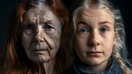 A striking portrait juxtaposes an elderly woman and a young girl, highlighting the passage of time and generational differences.