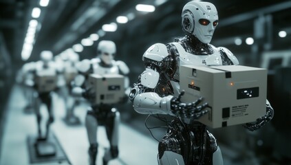 Fototapeta premium White Humanoid Robots Carrying Computer Boxes on Production Line in Futuristic Setting
