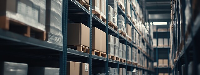 Industrial warehouse with goods neatly arranged on shelves. Storage warehouse for distribution and delivery chain