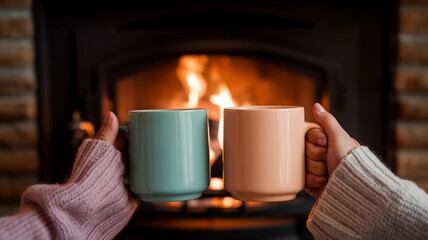 Two Hands Holding Mugs in Front of a Cozy Fireplace  
