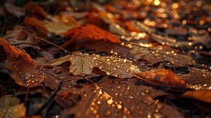 Autumn leaves glistening with raindrops, creating a serene and warm atmosphere.