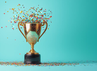 The shiny gold trophy cup with confetti flying out of it on a turquoise background, copy space.