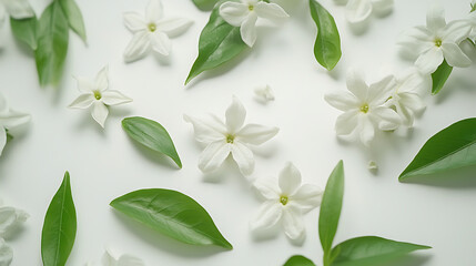 Fototapeta premium Fresh jasmine flowers and green leaves arranged artfully on light background create serene and calming atmosphere. delicate petals and vibrant foliage evoke sense of tranquility and beauty