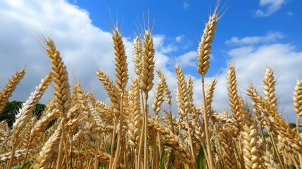 Fototapeta premium A Lush Field of Golden Wheat Stalks Against a Bright Blue Sky with Fluffy White Clouds Perfectly Illustrating Harvest Season and Agricultural Abundance