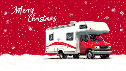 A red and white camper van is decorated with snow and the words Merry Christmas. The image conveys a festive and joyful mood, as the camper van is adorned with snow