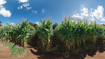 Obraz premium Lush Cornfield Under a Bright Blue Sky with Fluffy White Clouds and Vibrant Green Leaves in a Scenic Landscape Setting