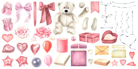 Set of elements for Valentine's Day. Hand drawn illustration of teddy bear, bows, roses, gift boxes, balloons, ribbons, envelope, note paper on isolated background. For greeting cards or invitations.