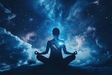 A mystical and cosmic scene of a person meditating in a lotus position