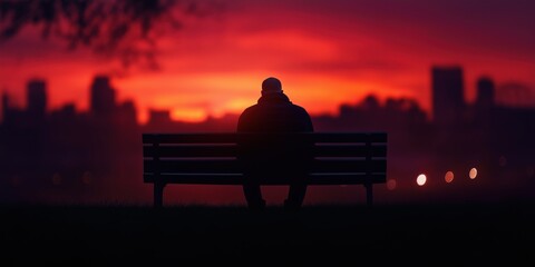 Naklejka premium A solitary figure sits on a bench, facing a stunning sunset over a city skyline, evoking feelings of solitude and reflection as day transforms into night.
