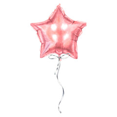Star shape pink inflatable glossy balloon. Hand drawn watercolor illustration of helium air ballon on isolated background. Drawing of romantic element in red color for Valentine's Day invitation, card