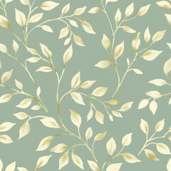 botanical pattern, golden leaf outlines on branches against a muted sage green background.