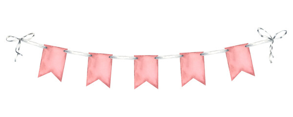 Hanging garland with rectangle flags in pink pastel color. Hand drawn watercolor illustration of pennant for baby party design on isolated background. Bunting for banner, celebration or party design. © Nadezhda