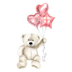Sitting soft teddy bear with balloons. Hand drawn watercolor illustration of plush toy on isolated background. Cute animal in pastel color for baby shower invitations or happy birthday greeting cards.