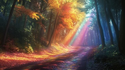 Enchanting Forest Path Illuminated by Vibrant Rainbow Sunbeams in a Serene Woodland Setting