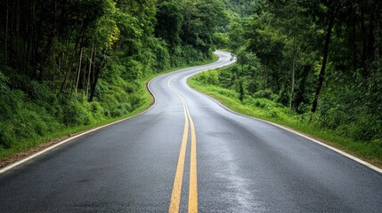 Fototapeta premium Serene Curved Road Surrounded by Lush Green Forests and Vibrant Nature on a Rainy Day, Ideal for Travel and Landscape Photography