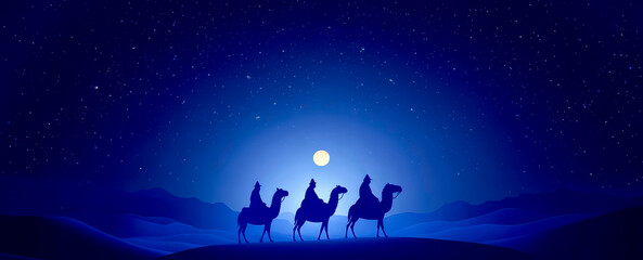 Naklejka premium A blue sky with a full moon and three camels. The camels are walking in a line and the moon is shining brightly in the sky