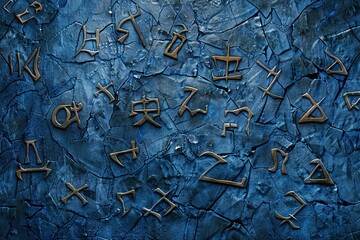 A blue wall with many symbols and letters on it