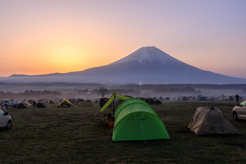 Morning view of Mt.Fuji in the winter at Fumotoppara Campground, Fujinomiya, Shizuoka, Japan