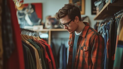 Fototapeta premium Quirky Vintage Clothing Store with Owner Sorting New Arrivals