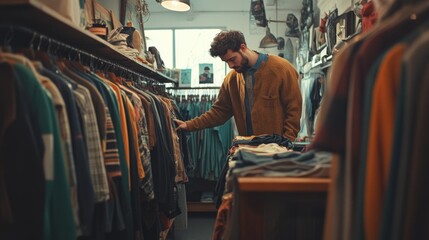 Quirky Vintage Clothing Store with Owner Sorting New Arrivals