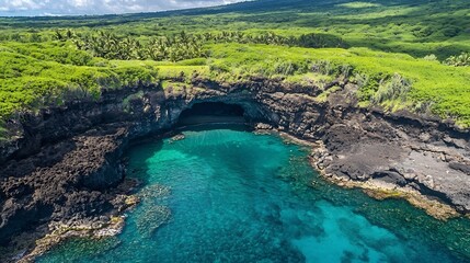 Obraz premium Stunning aerial shot showcasing a secluded and picturesque sea cave with transparent turquoise waters surrounded by rugged rocky cliffs and lush verdant vegetation