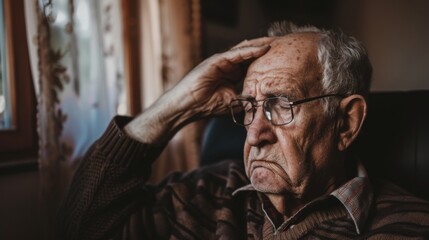 Fototapeta premium Middle-Aged Man Holding Head in Quiet Room Looking Stressed and Concerned