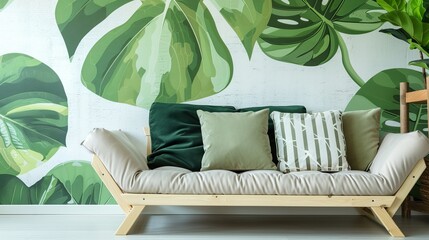 Stylish sofa adorned with soft cushions against a vibrant green leaf-patterned wall.