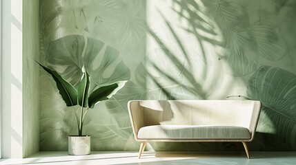 A serene living space featuring a modern beige sofa, potted plant, and tropical leaf-patterned wall.