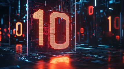 Futuristic countdown timer with glowing neon numbers and digital effects