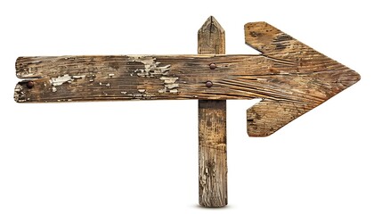 A weathered wooden signpost with an arrow pointing right, suggesting direction or guidance.