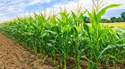 Naklejka premium Lush Green Cornfield Under Blue Sky with Wispy Clouds Showcasing Healthy Corn Plants Growing Tall on a Fertile Farm Landscape in Summer Season