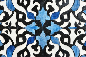 A blue and white tile design with a blue flower in the center