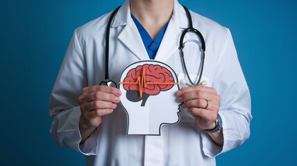 A doctor holding a paper cutout of human head with brain with electric currents. epilepsy, migraine seizure disorder, neurological disorder, migraines, brain waves, mental health concept.