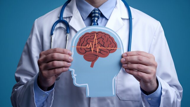 A doctor holding a paper cutout of human head with brain with electric currents. epilepsy, migraine seizure disorder, neurological disorder, migraines, brain waves, mental health concept. - Powered by Adobe