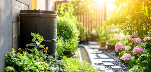 Fototapeta premium Rain Barrel Collecting Rainwater Surrounded by Green Plants