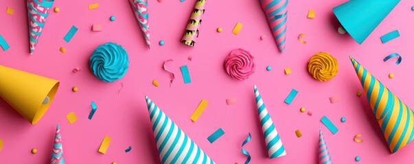Fototapeta premium Birthday party banner, streamers and party hats, vibrant colors, 3D illustration