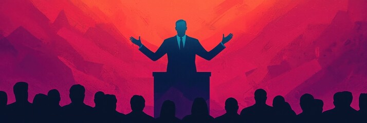 A high-definition illustration of a leader giving a speech with hands raised, capturing the attention of an engaged audience in a large corporate hall