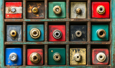 Fototapeta premium Vintage colored cubes with metallic tops in a rustic wooden drawer. A collection of antique containers showcasing texture and age.