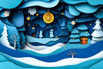 A blue and white paper cutout of a winter scene with trees and a house. Scene is peaceful and serene, with the snow-covered landscape and the Christmas tree in the background