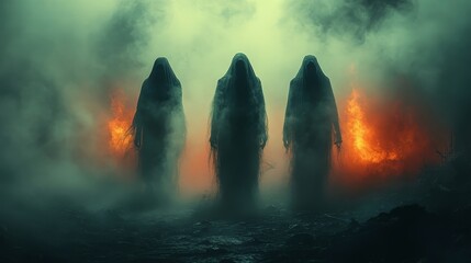 Three demonic figures are surrounded by fire and smoke, creating a dark