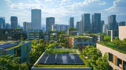 solar energy in modern city with skyscrapers and green grass