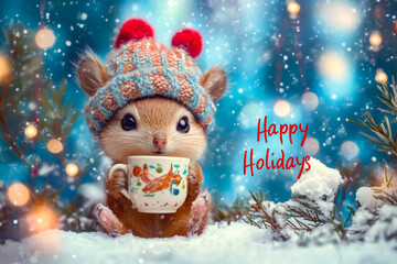 A small brown animal with a red hat is holding a cup. The image is a Christmas card with the words "Happy Holidays" written below the animal