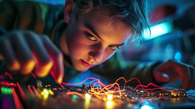 Close up of a student intently working on an electrical circuit in a vibrant physics laboratory