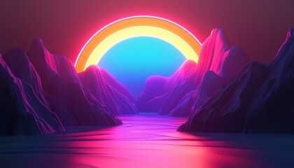 Fototapeta premium High-tech banner with glowing rainbow gradients and floating holographic shapes, set in a vibrant digital landscape, Futuristic, Neon, 3D Render