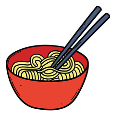 Hand drawn cartoon asian ramen noodles on white background.