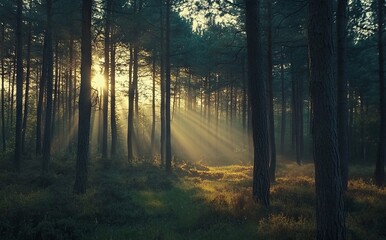 Obraz premium Spring Forest Landscape with Tall Pine Trees at Sunrise, AI generated illustration