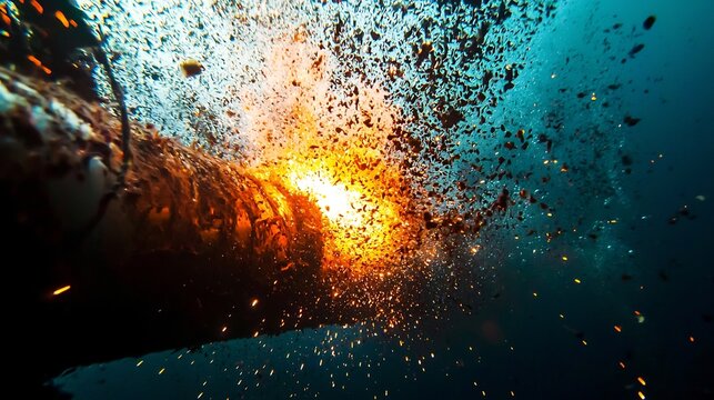 Close up photograph capturing the intense bright sparks and fiery glow of an underwater welding repairing a damaged section of a subsea pipeline in the deep ocean