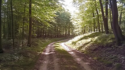 Obraz premium Beautiful Green Forest with Trees and a Path in Spring or Summer. AI generated illustration