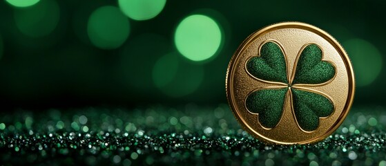 A golden clover symbol shines prominently against a sparkling green background, capturing the spirit of Saint Patricks Day festivities and celebrations