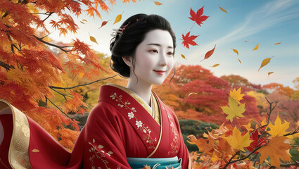 A serene woman with a gentle smile, porcelain skin, and dark hair adorned with subtle cherry blossom clips, stands amidst a vibrant autumn foliage, clad in a traditional Japanese red kimono with intri